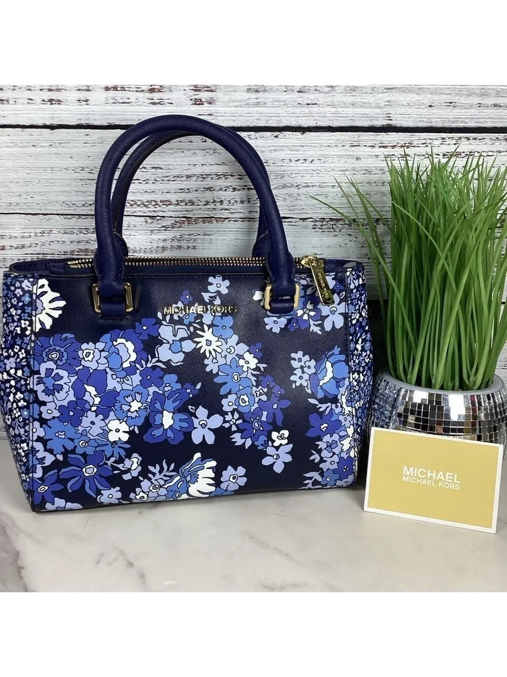 Michael Kors Kellen Blue hand bag Satchel with Floral Design Crossbody Purse guc
